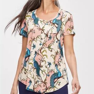 JM Collection Peacock and Floral Print Short Sleeve Top
